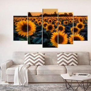 Sunflower Large Artwork Sunset - Nature 5 Panel Canvas Art Wall Decor