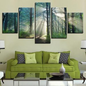 Sunlight Through The Mist In The Forest - Nature 5 Panel Canvas Art Wall Decor