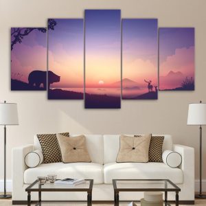 Sunrise Mountains Foggy Bear Deers Silhouette - Nature 5 Panel Canvas Art Wall Decor