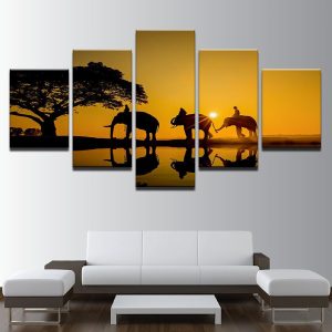 Sunrise Tree Elephant Lake - Animal 5 Panel Canvas Art Wall Decor