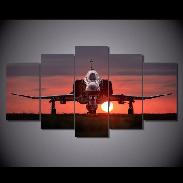 Sunset Airplane Runway - Aircraft 5 Panel Canvas Art Wall Decor