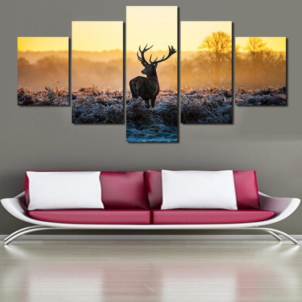 Sunset And Deer - Animal 5 Panel Canvas Art Wall Decor