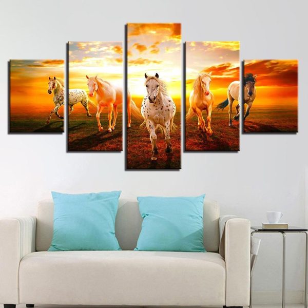 Sunset And Horses - Animal 5 Panel Canvas Art Wall Decor