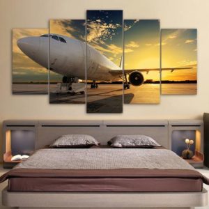 Sunset And White Airplane - Airplane 5 Panel Canvas Art Wall Decor