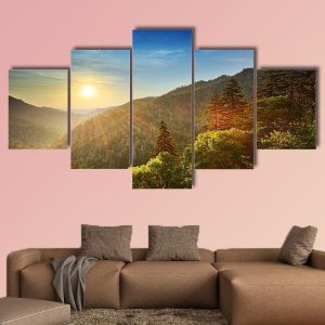 Sunset At The Newfound Gap In The Great Smoky Mountains Nature - 5 Panel Canvas Art Wall Decor