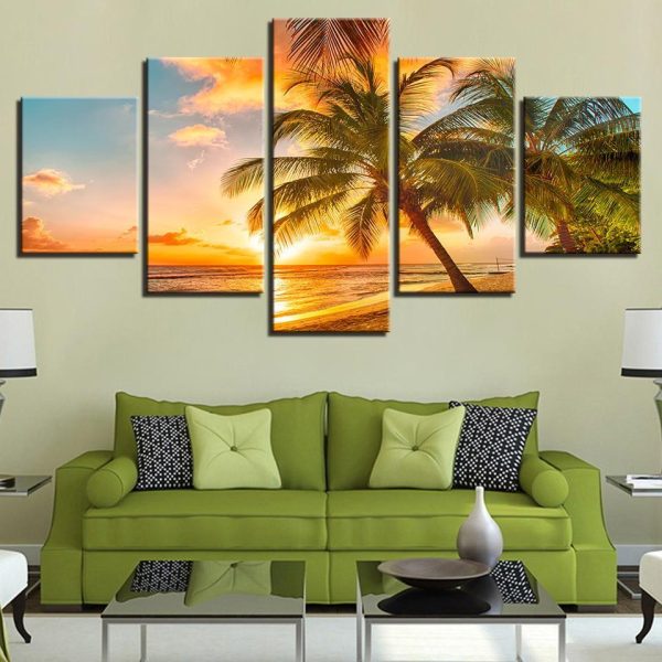 Sunset Beach Wave Palm Trees Seascape - Nature 5 Panel Canvas Art Wall Decor