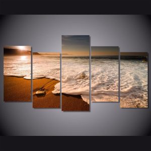 Sunset Beach Waves - Nature 5 Panel Canvas Art Wall Decor