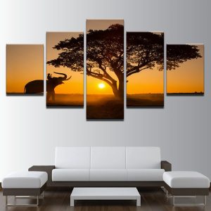 Sunset Big Tree And Elephant Landscape - Nature 5 Panel Canvas Art Wall Decor