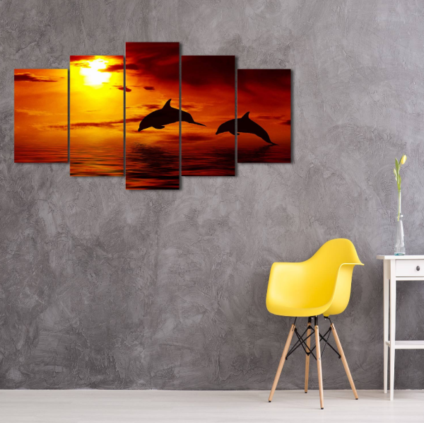 Sunset Dolphins - Animal 5 Panel Canvas Art Wall Decor