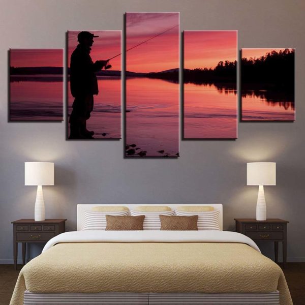 Sunset Fishing 1 - Fishing 5 Panel Canvas Art Wall Decor