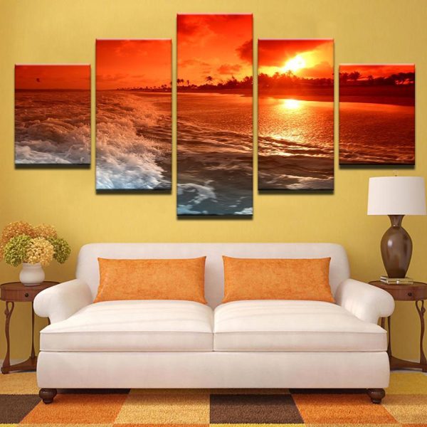 Sunset Glow Tintthe Sky Rbeach Sea Waves - Nature 5 Panel Canvas Art Wall Decor