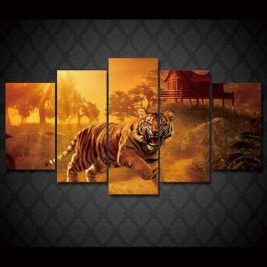 Sunset Jungle Tigers - Animal 5 Panel Canvas Art Wall Decor