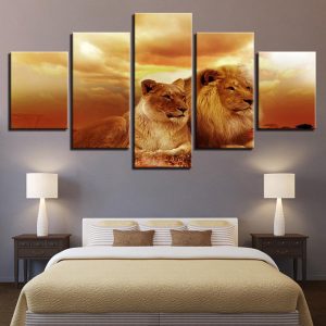 Sunset King Of The Forest Lions - Animal 5 Panel Canvas Art Wall Decor