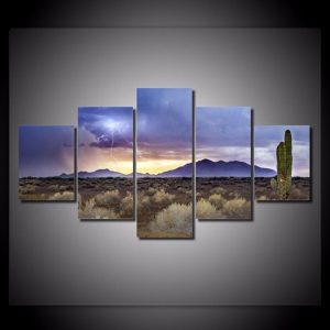 Sunset Lightning Desert - Nature 5 Panel Canvas Art Wall Decor