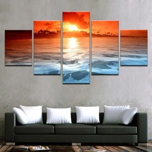 Sunset Ocean Beach Sea Waves Seascape - Ocean 5 Panel Canvas Art Wall Decor