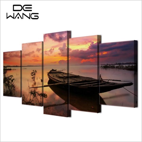 Sunset Or Boat And Lake - Nature 5 Panel Canvas Art Wall Decor