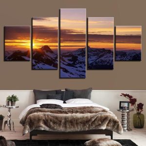 Sunset Over The Mountains - Nature 5 Panel Canvas Art Wall Decor