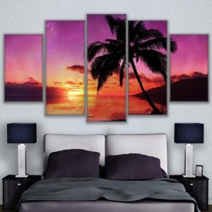 Sunset Palm Tree On The Beach - Space 5 Panel Canvas Art Wall Decor