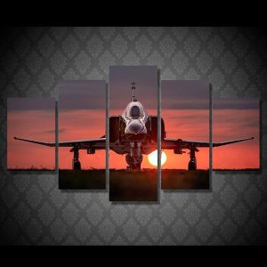 Sunset Plane Military Jet 01 - Aircraft 5 Panel Canvas Art Wall Decor