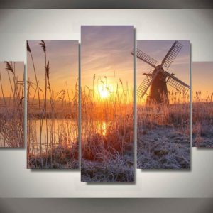 Sunset Reeds Windmill - Nature 5 Panel Canvas Art Wall Decor