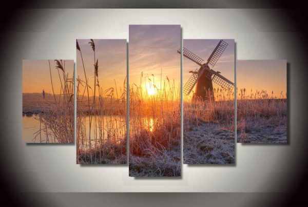 Sunset Reeds Windmill - Nature 5 Panel Canvas Art Wall Decor