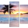 Sunset Sunrise With Tropical Palm Tree - Nature 5 Panel Canvas Art Wall Decor