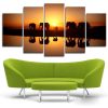 Sunset Walking Elephants Animal Lake - Animal 5 Panel Canvas Art Wall Decor