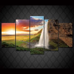 Sunset Waterfall - Nature 5 Panel Canvas Art Wall Decor