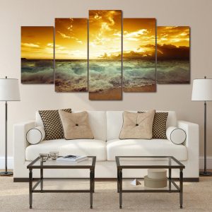 Sunset Waves - Nature 5 Panel Canvas Art Wall Decor