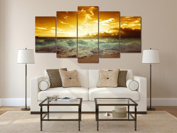 Sunset Waves - Nature 5 Panel Canvas Art Wall Decor