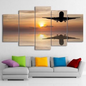 Sunset With Shadow Airplane - Airplane 5 Panel Canvas Art Wall Decor