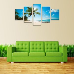 Sunshine Beach And Coconut Trees - Nature 5 Panel Canvas Art Wall Decor