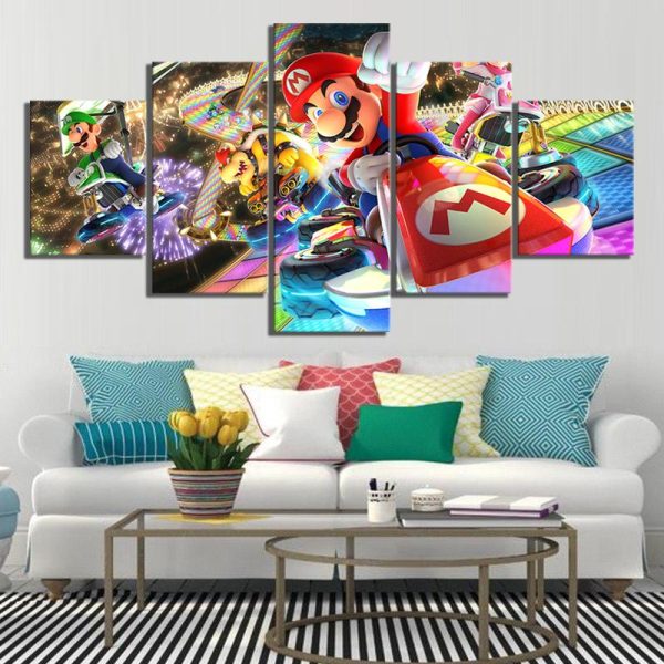 Super Mario Driving Car Game - 5 Panel Canvas Art Wall Decor