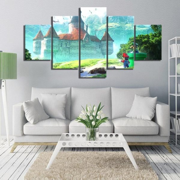 Super Mario Standing In Front Of The Castle Game - 5 Panel Canvas Art Wall Decor