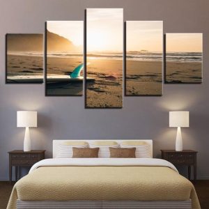 Surfboard On The Beach - Space 5 Panel Canvas Art Wall Decor