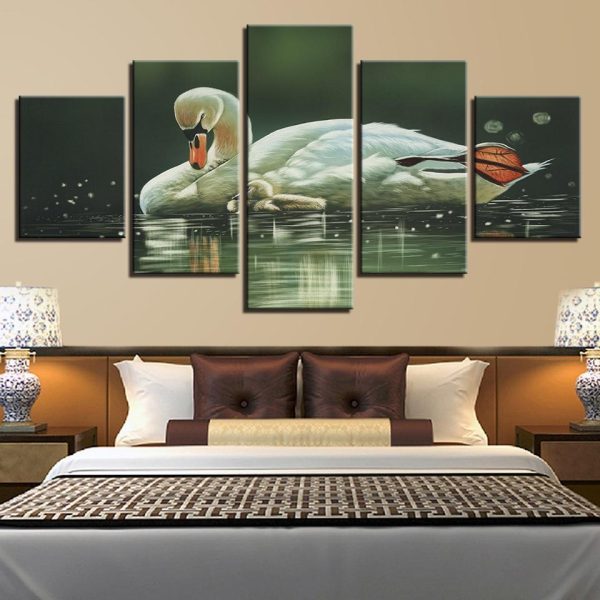 Swans In The Lake Swim - Animal 5 Panel Canvas Art Wall Decor