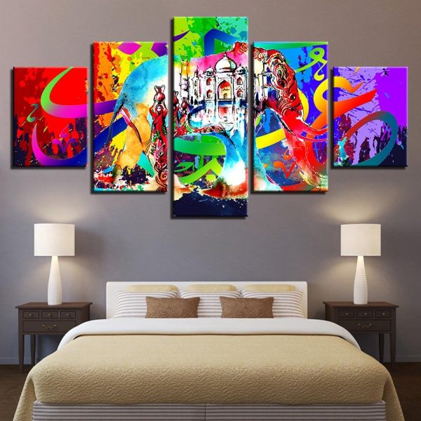 Taj Mahal Colorful - Abstract 5 Panel Canvas Art Wall Decor