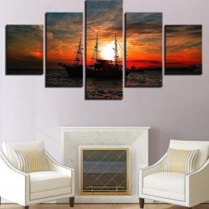 Tall Ship Sailboat At Sunset - Space 5 Panel Canvas Art Wall Decor