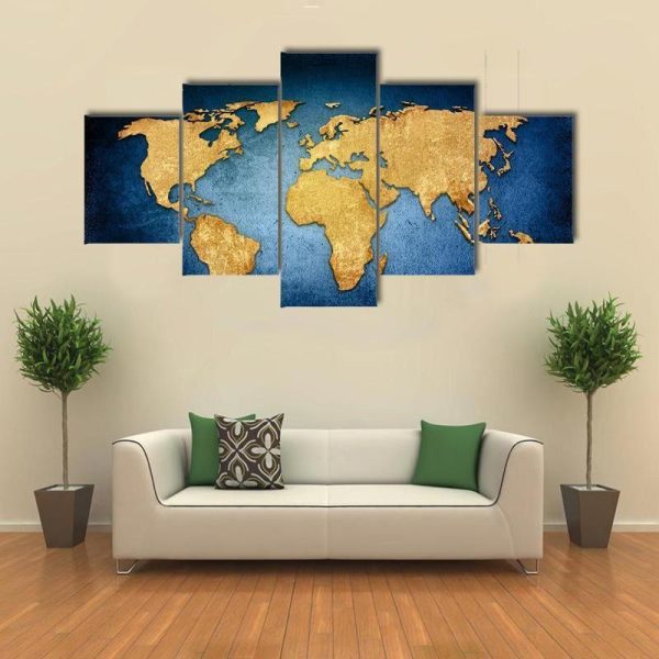 Textured World Map - Abstract 5 Panel Canvas Art Wall Decor