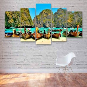 Thailand Tropical Beach And Boats - Nature 5 Panel Canvas Art Wall Decor