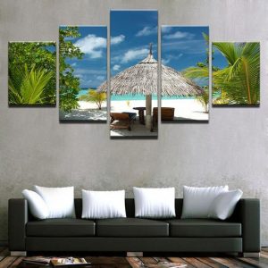 Thatched Umbrella On Secluded Tropical Beach - Space 5 Panel Canvas Art Wall Decor