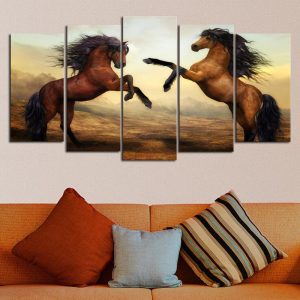 The Brown Horses - Animal 5 Panel Canvas Art Wall Decor