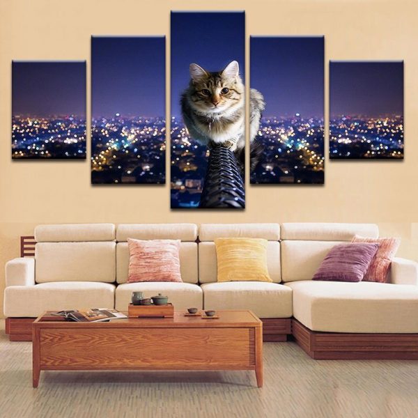 The Cat And The City Night Sky - Animal 5 Panel Canvas Art Wall Decor