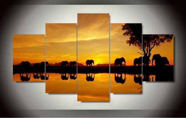 The Elephants Of Africa - Animal 5 Panel Canvas Art Wall Decor