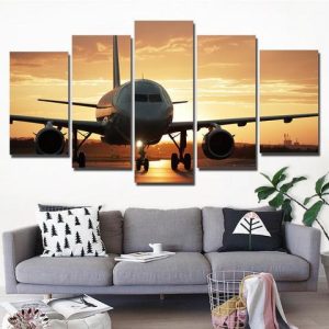 The Golden Sunset And Airplane - Airplane 5 Panel Canvas Art Wall Decor