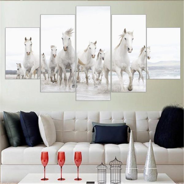 The Group Of White Horses - Animal 5 Panel Canvas Art Wall Decor