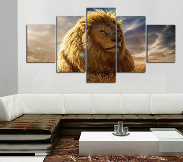 The King Of The Forest Lion - Animal 5 Panel Canvas Art Wall Decor