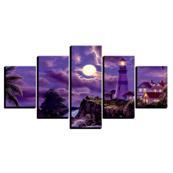 The Lighthouse In Halloween - Nature 5 Panel Canvas Art Wall Decor