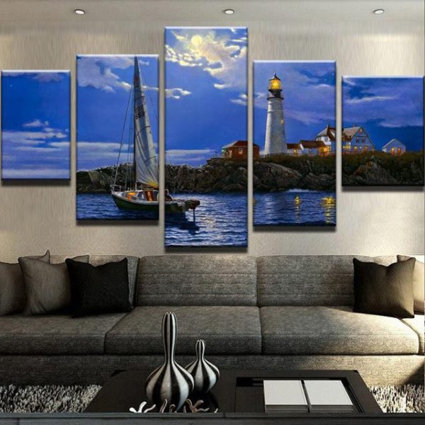 The Lighthouse In Sunset - Nature 5 Panel Canvas Art Wall Decor