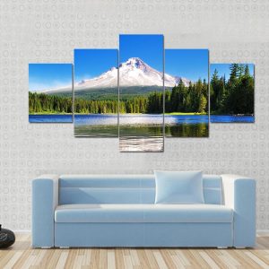 The Mount Hood Reflection In Trillium Lake - Nature 5 Panel Canvas Art Wall Decor